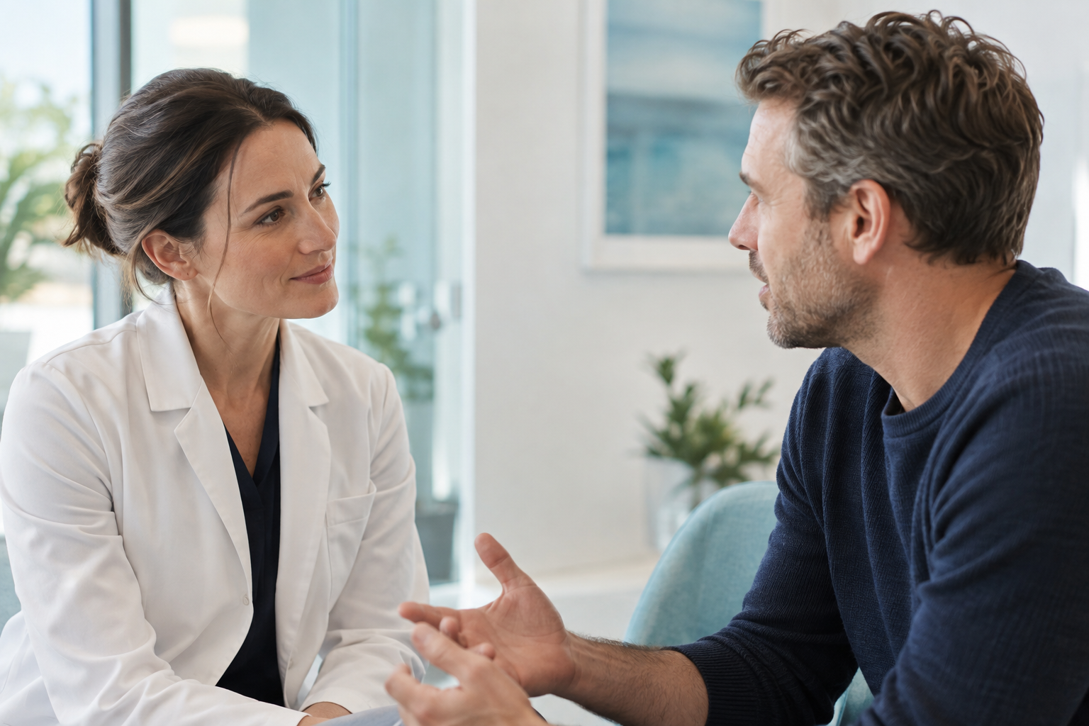 A clinician listening to a seated patient during a consultation