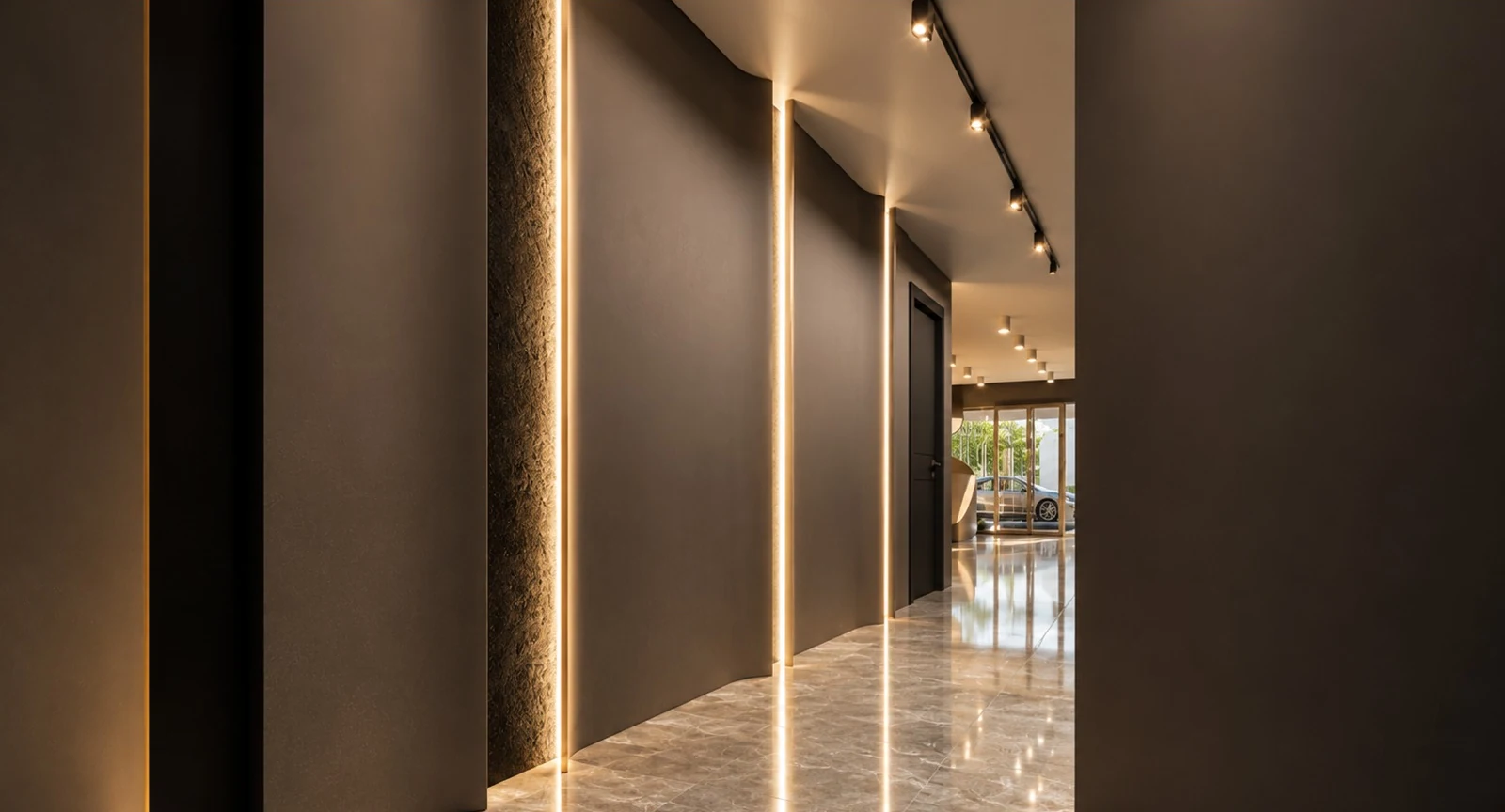 Recessed lighting along the corridor walls leading towards the glazed entrance