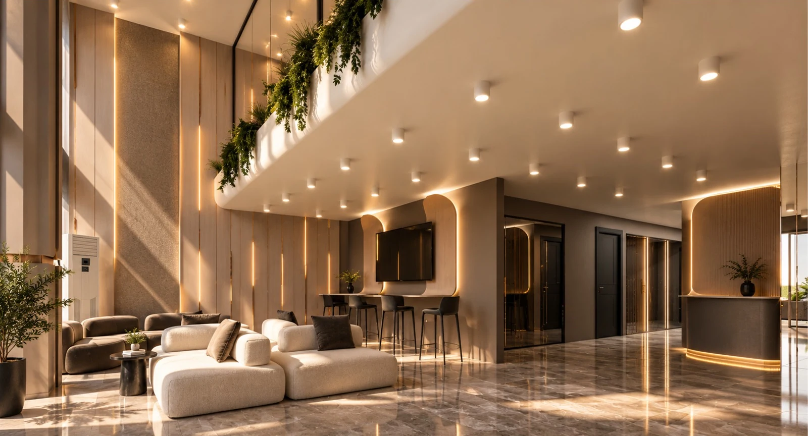 A double-height waiting lounge with pale sofas and greenery along the mezzanine