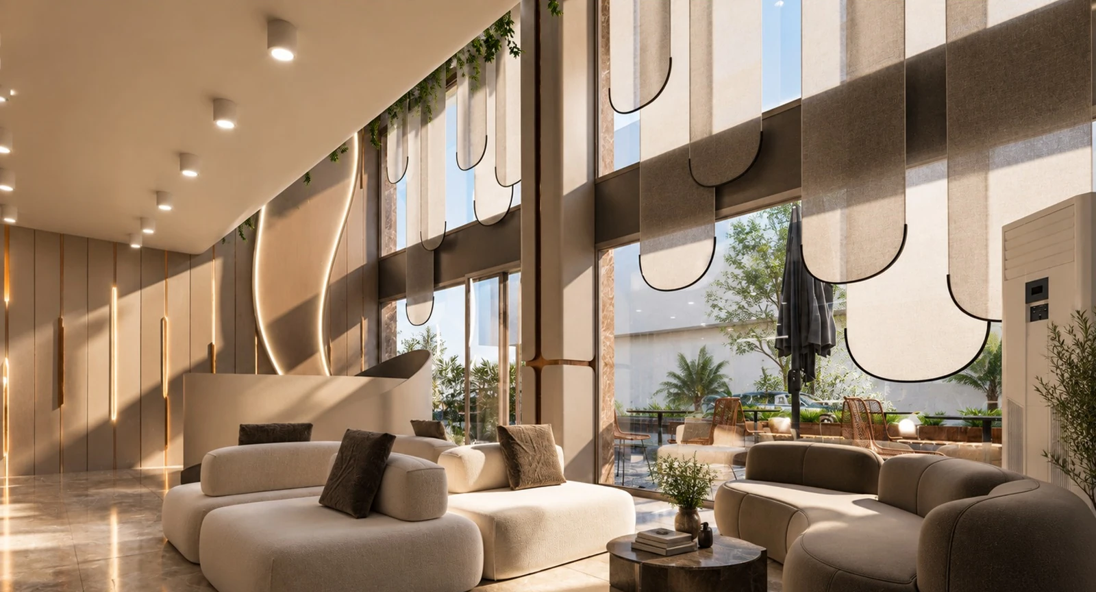 Lounge seating beside tall windows looking out onto the terrace