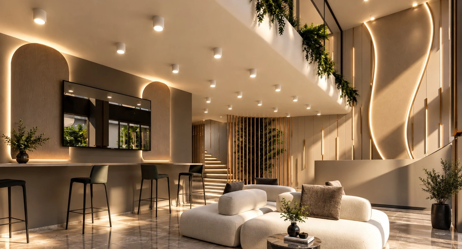 A curved reception desk beside the lounge and illuminated stairs